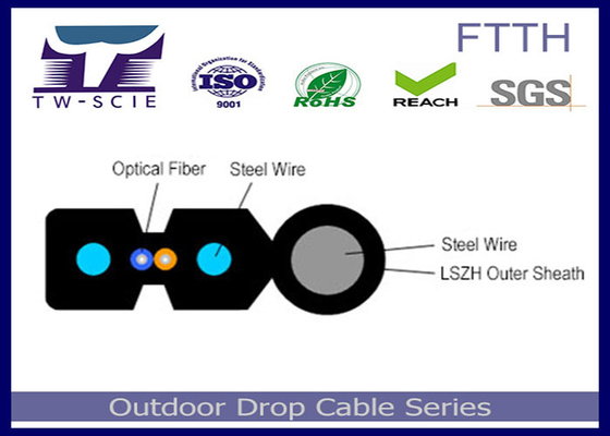 Cáp thả FTTH 1-4 lõi FRP / Thành viên cường độ thép Cáp quang phẳng được bảo hiểm