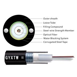 8.9mm Cáp đường kính GYXTW 12 lõi G652D trung tâm ống lỏng ngoài trời và ống dẫn dây cáp quang sợi với áo khoác PE