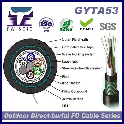 GYTA53 24 Core Double Armored Double Sheath Áo khoác PE chống tia cực tím Cáp quang cho chôn cất ống dẫn